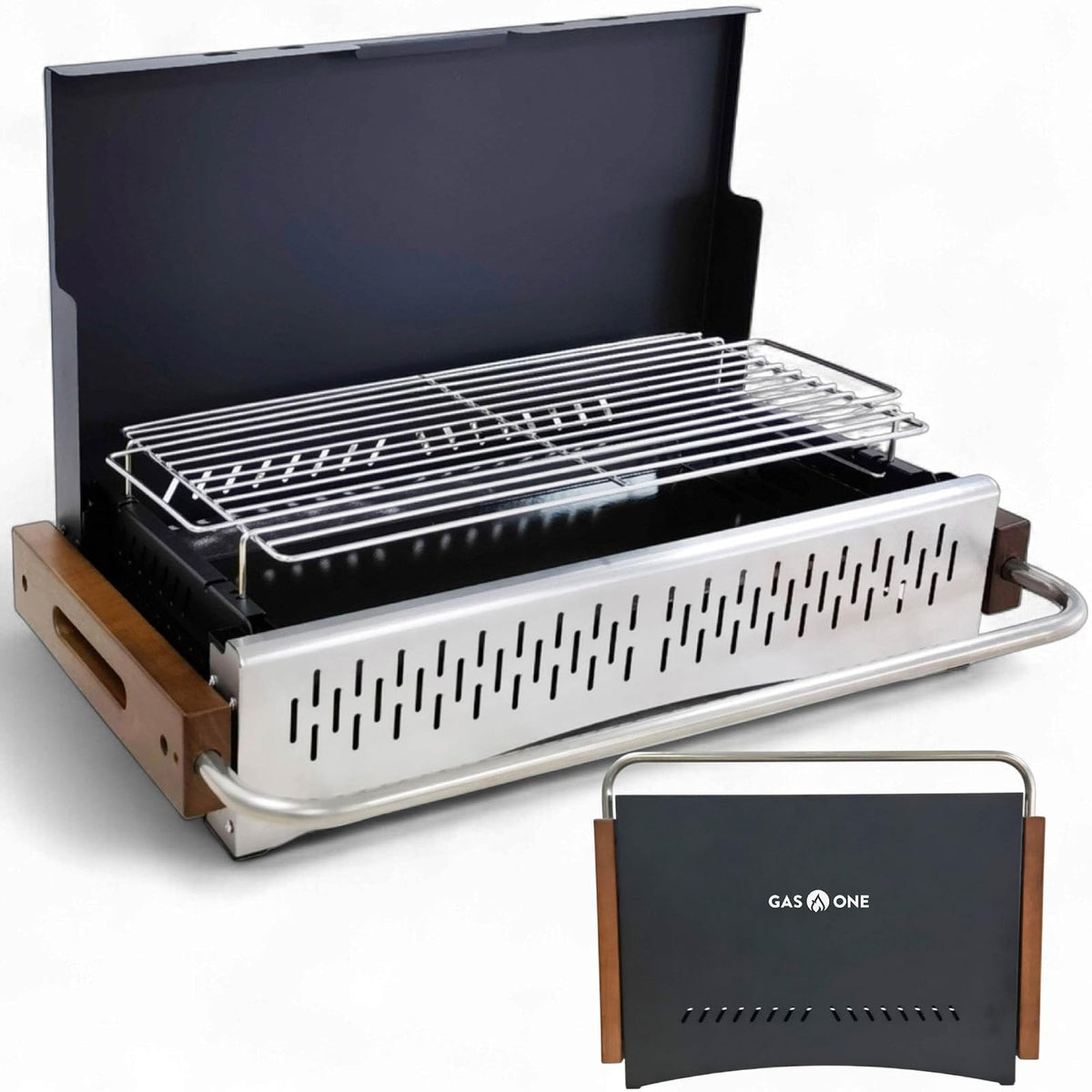 GasOne XL - Parrilla portátil de carbón – portafolios plegable de 24.5 x 18.5 pulgadas con tapa, ligero y compacto ahumador de carbón para camping, jardín, playa, patio trasero, sin montaje