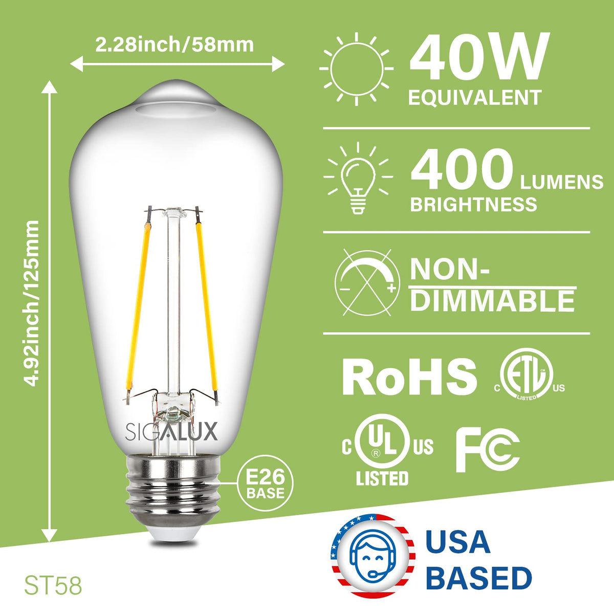 Sigalux - Bombillas Edison E26, filamento ST58, transparente, no regulable, clásico, equivalente a 40 W, 400 lm, blanco suave, 2700 K, 15, 000 horas, paquete de 4