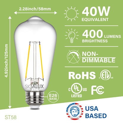 Sigalux - Bombillas Edison E26, filamento ST58, transparente, no regulable, clásico, equivalente a 40 W, 400 lm, blanco suave, 2700 K, 15, 000 horas, paquete de 4