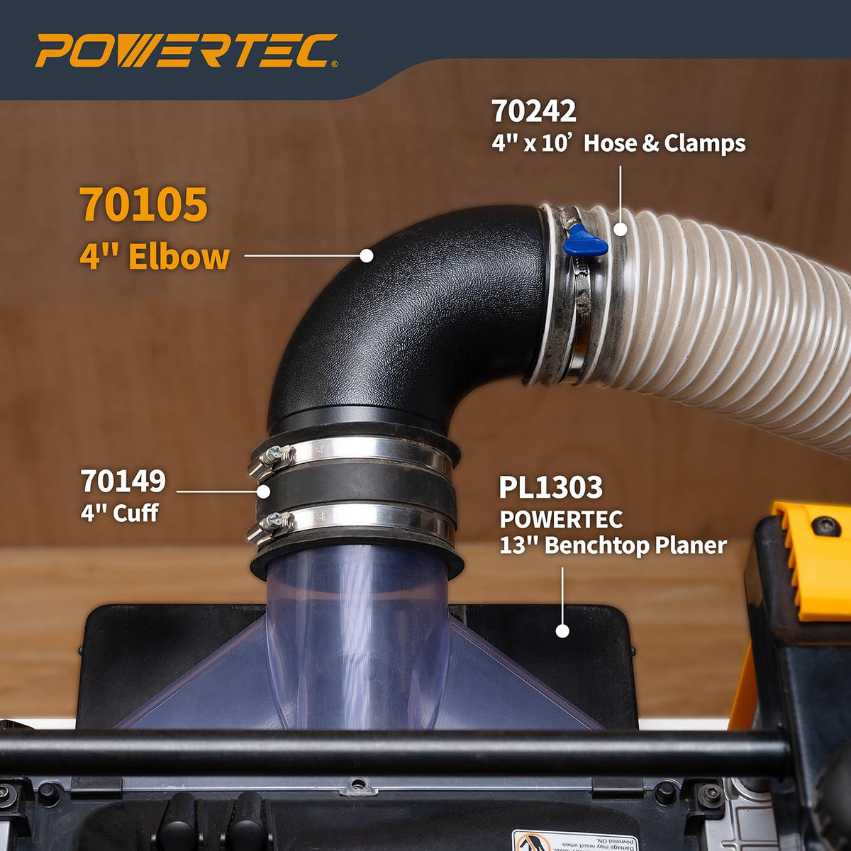 POWERTEC 70105 Conector de manguera de polvo de codo de 4 pulgadas, negro, 4 pulgadas, codo de 90 grados