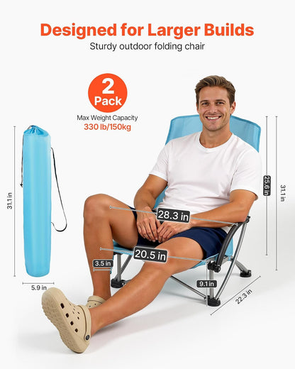 VEVOR Silla de Playa Plegable, Paquete de 2, Capacidad Máxima de 150 kg con Respaldo Alto de Malla, Almohada, Silla de Camping Portátil, Resistente con Portavasos para Exteriores Barbacoa Aire Libre