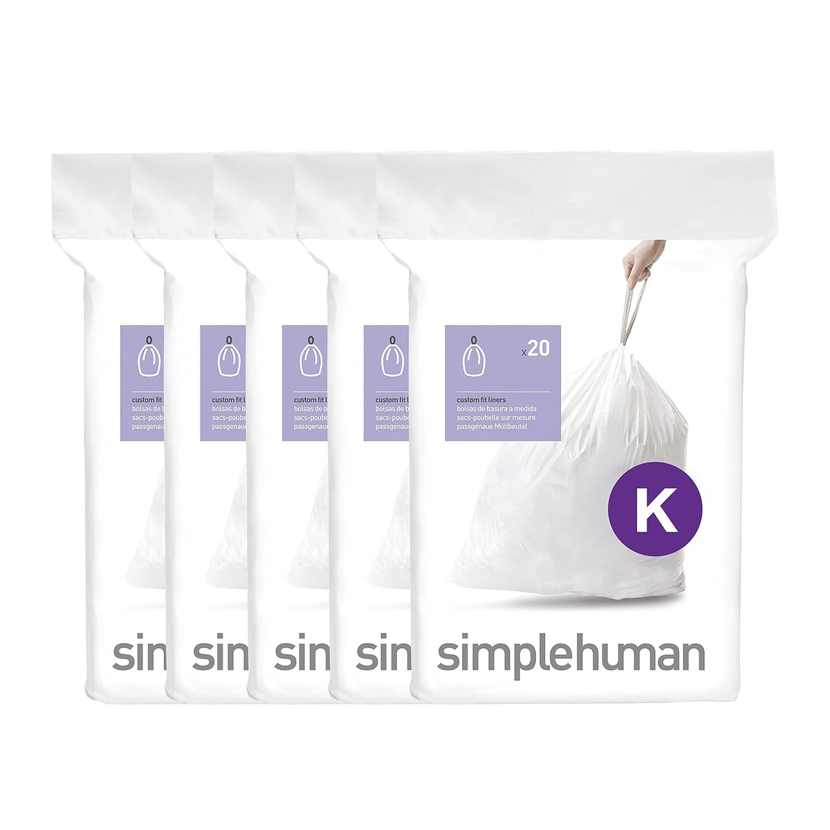 simplehuman Código K - 100 Bolsas Custom Fit con Cordón, Blanco | Cordón para Cierre Fácil, Dispensado Uno por Uno, Extra Gruesas y de Doble Costura, 50% Plástico PCR, 30-45 L / 8-12 Gal
