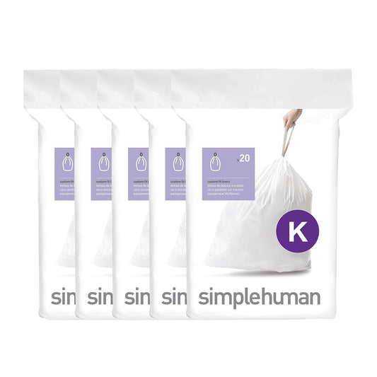 simplehuman Código K - 100 Bolsas Custom Fit con Cordón, Blanco | Cordón para Cierre Fácil, Dispensado Uno por Uno, Extra Gruesas y de Doble Costura, 50% Plástico PCR, 30-45 L / 8-12 Gal