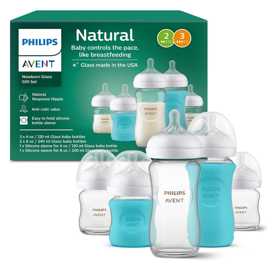 Philips AVENT Botella de cristal natural con pezón de respuesta natural, juego de regalo para bebé, SCD858/01