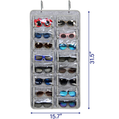 Casaphoria Organizador de anteojos de sol para colgar, a prueba de polvo, bolsillo de pared, organizador de anteojos de sol, 16 ranuras de fieltro, soporte organizador con gancho de metal y cuerda