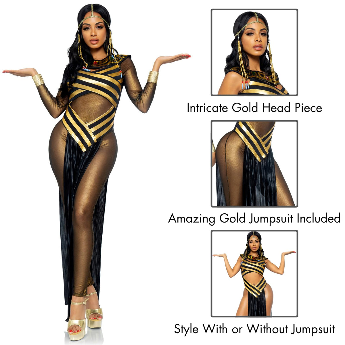 Leg Avenue 3pc.nile Queen Catsuit Dress W/Jewel Collar Head Piece Disfraz de adulto Mujer