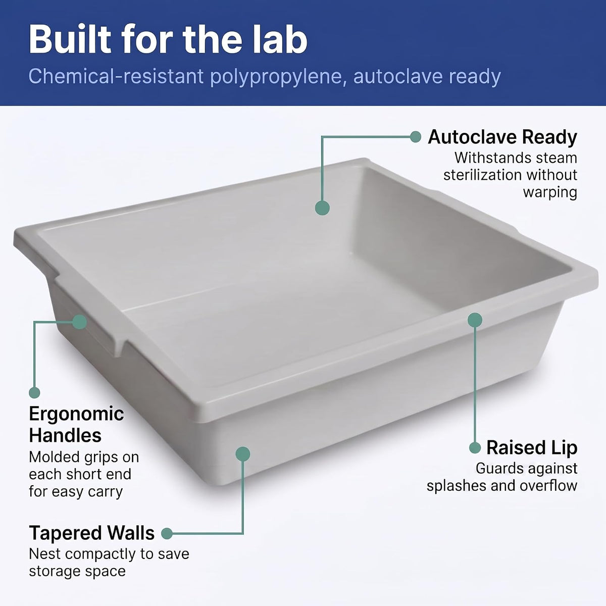 United Scientific™ Bandeja de Contención Multiusos de Polipropileno, Bandeja de Laboratorio para Esterilización y Secado de Suministros de Laboratorio, Rectangular Blanca Clásica