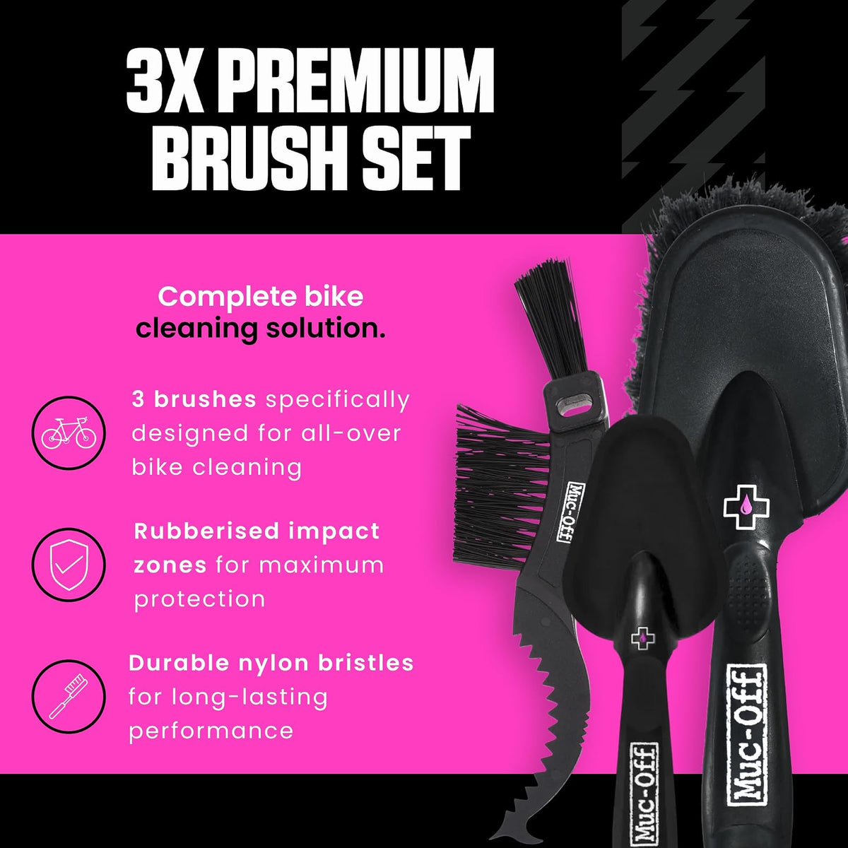 Muc-Off 220 Juego de 3 Cepillos de Limpieza Premium para Bicicleta con Cerdas de Nailon, Multicolor