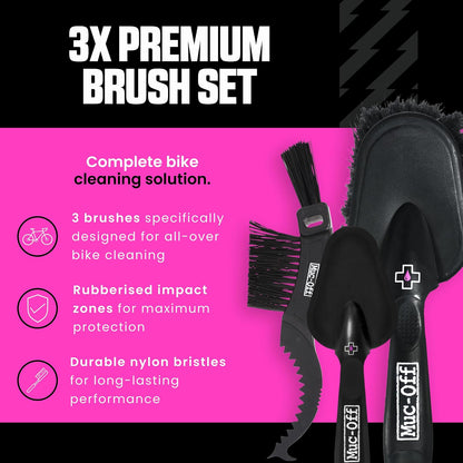Muc-Off 220 Juego de 3 Cepillos de Limpieza Premium para Bicicleta con Cerdas de Nailon, Multicolor