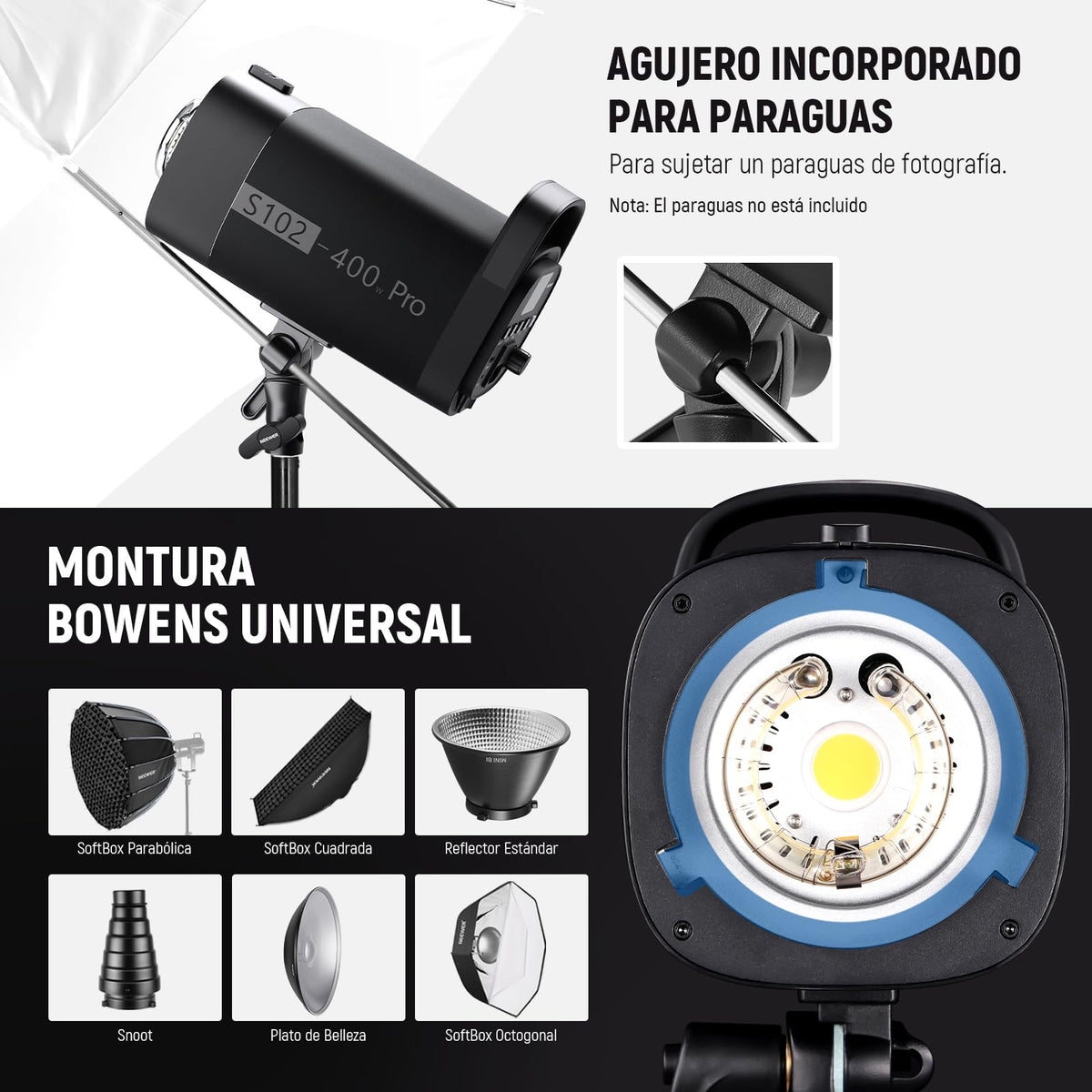 NEEWER S102-400W Pro Fash Luz Strobe con Disparador 2.4G, 400Ws GN62 5600K con 30W Lámpara de Modelar LED Reflector Montaje Bowens Modo S1/S2 Ventilador para Fotografía Productos,Compatible con QPRO