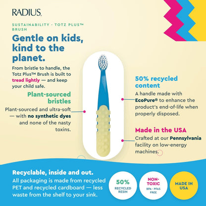 RADIUS Cepillo de dientes para niños, Totz Plus, sedoso, suave, paquete de 3 en colores surtidos, sin BPA y aceptado por ADA, diseñado para dientes y encías delicados, para niños de 3 años en adelante