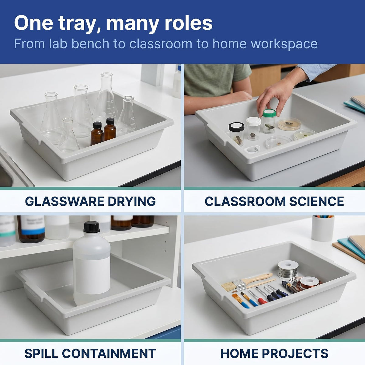 United Scientific™ Bandeja de Contención Multiusos de Polipropileno, Bandeja de Laboratorio para Esterilización y Secado de Suministros de Laboratorio, Rectangular Blanca Clásica