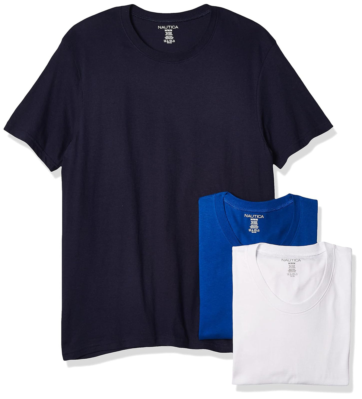Nautica - Playera de algodón con Cuello Redondo para Hombre, Paquete de 3 - M - chamarra de marinero - Cobalto - Blanco