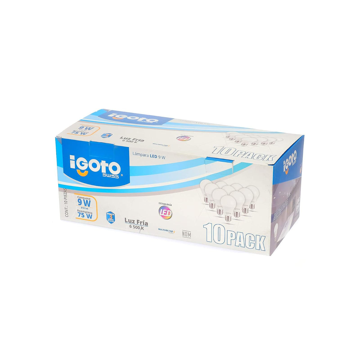 iGoto F10P-10109 Pack de 10 Focos Led A60, 9W Luz Fría + F10520 Foco led T80, 20W, Luz Fría