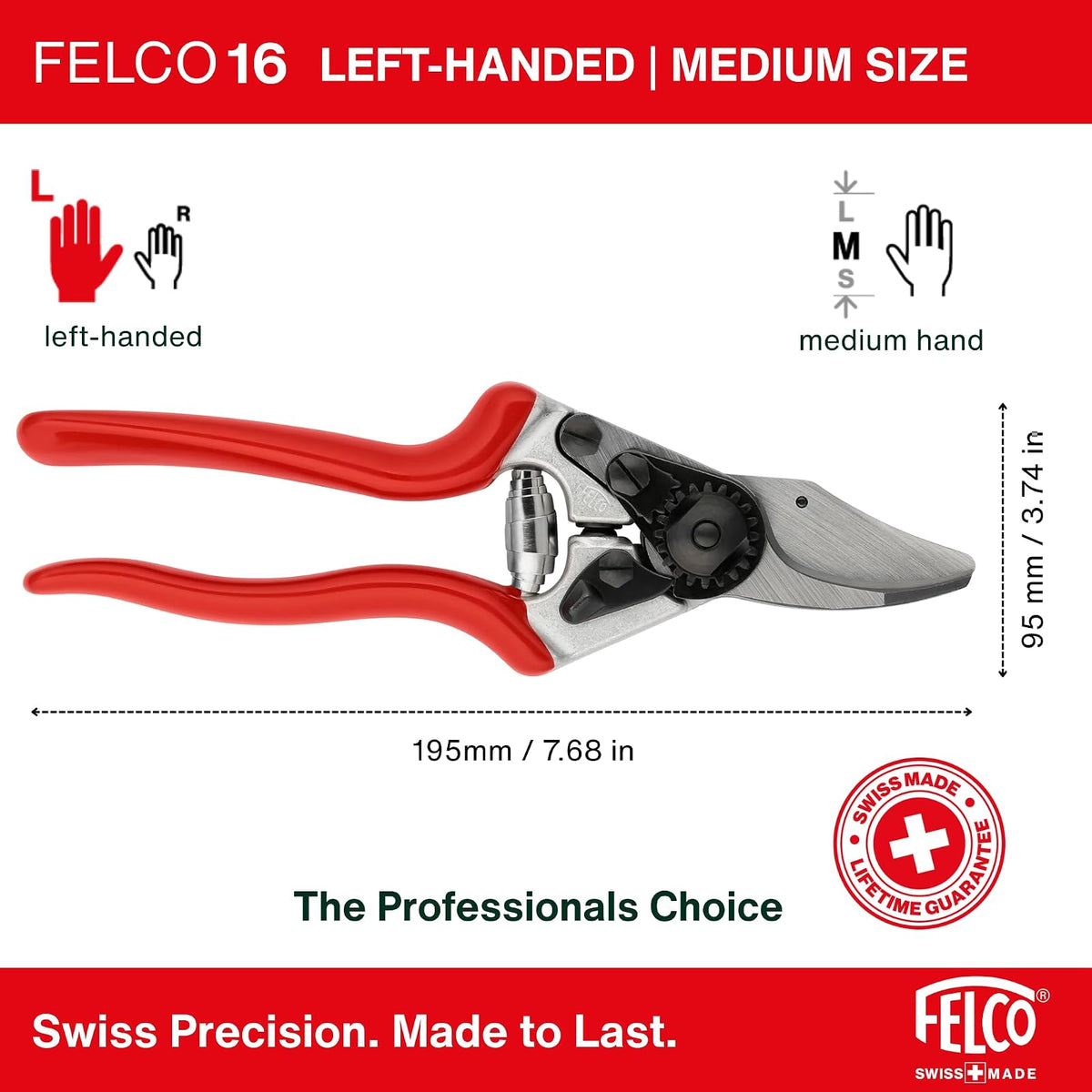 Felco - Tijeras de podar (F 16) - Podadora de jardín con una Mano para Zurdos de Alto Rendimiento Hecha en Suiza con Hoja de Acero
