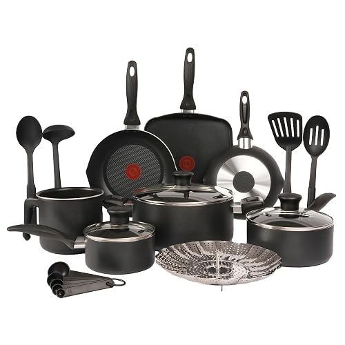 T-fal Batería de Cocina Easy Care de 20 piezas color Negra con Antiadherente Titanium, tecnología Thermo Señal, de fácil limpieza y base difusora para crear deliciosas recetas, B466SK84