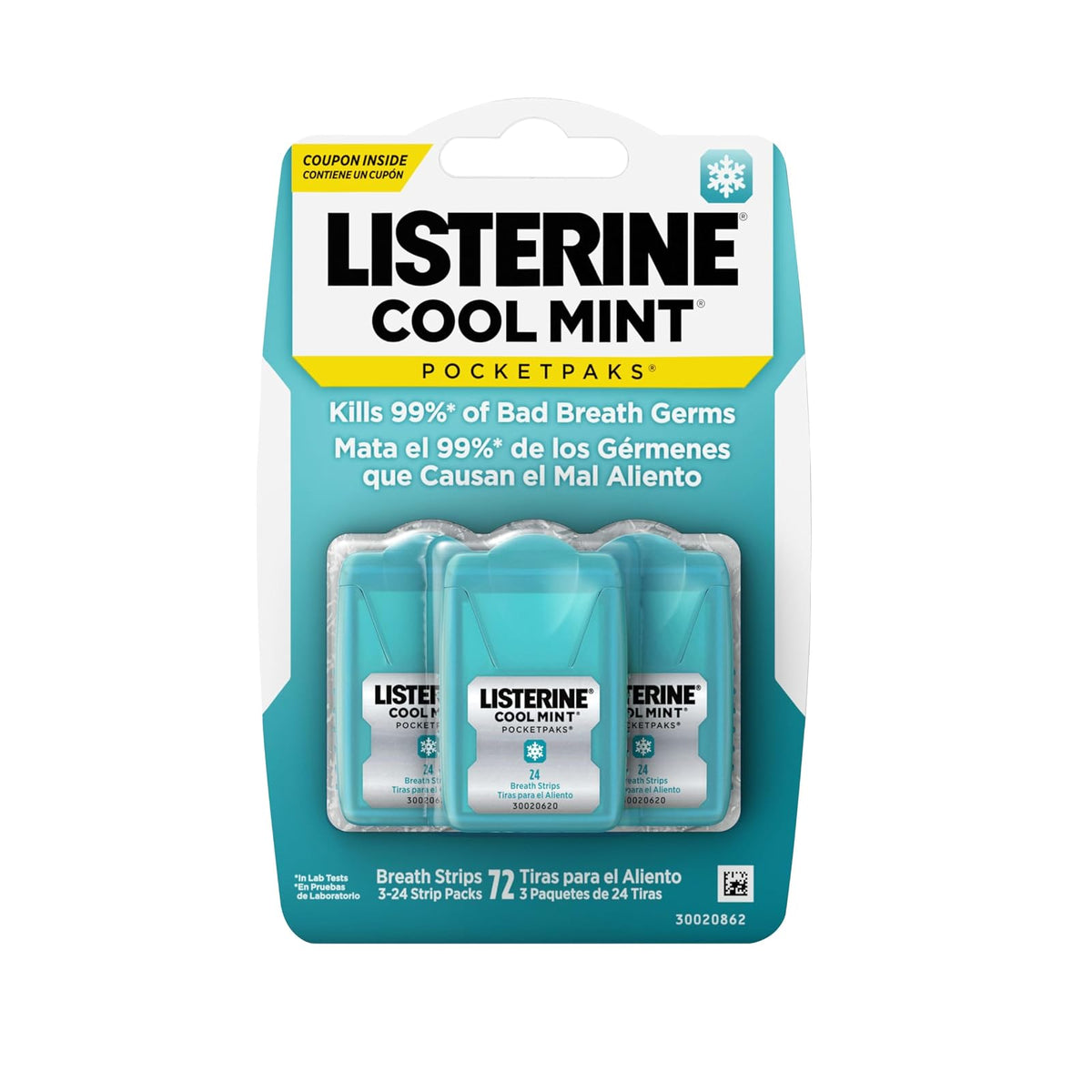 Listerine Cool Mint Pocketpaks Breath Strips Kills Bad Breath Germs, 24-Strip Pack, 3 Pack (72 Total Strips)
