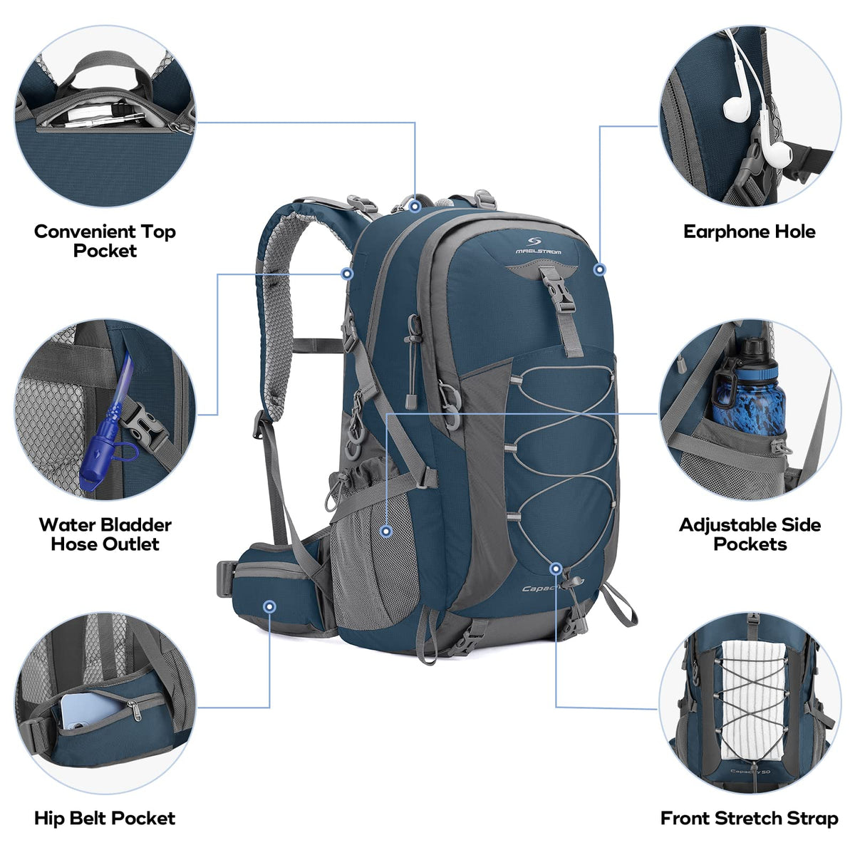 Maelstrom Mochila Senderismo Liviana, Mochila Camping con Cubierta Lluvia | Nailon anti desgarro agua, separación seco húmedo, bolsillos, silbato emergencia. Ideal hombre, mujer, senderismo