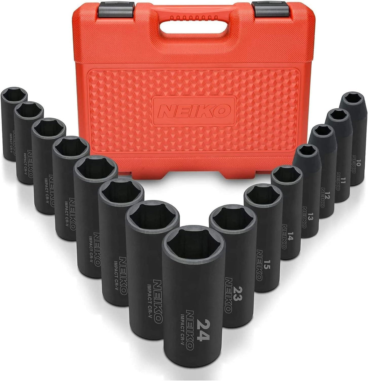 NEIKO 02474A Juego de llaves de impacto de 1,27 cm, juego de llaves métricas de 15 piezas de 10-24 mm, enchufes profundos, 6 puntos, llaves de accionamiento de 1,27 cm para llave de impacto de 1,27 cm, cromo vanadio Cr-V - 10 - 24 mm Deep - Juego de enchu