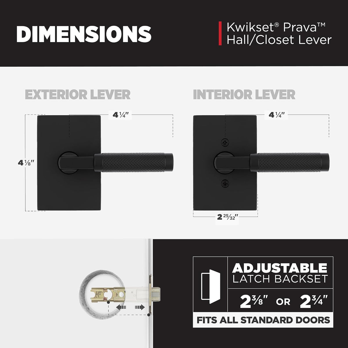 Kwikset Prava - Manija moleteada para puerta de paso interior, palanca para puertas de clóset y pasillo, palanca reversible sin bloqueo, negro mate, con protección Microban