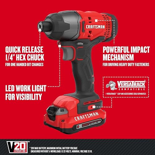 Craftsman Kit de Driver de Impacto 20V Máximo CMCF800C1 | 1/4 pulgadas, 2.800 RPM, luz LED de trabajo, batería y cargador incluidos
