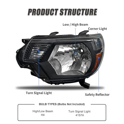 ADCARLIGHTS 2012 2013 2014 2015 TACOMA - Repuesto para faros delanteros TACOMA 2012-2015, carcasa negra, reflector ámbar, lado del conductor y del pasajero