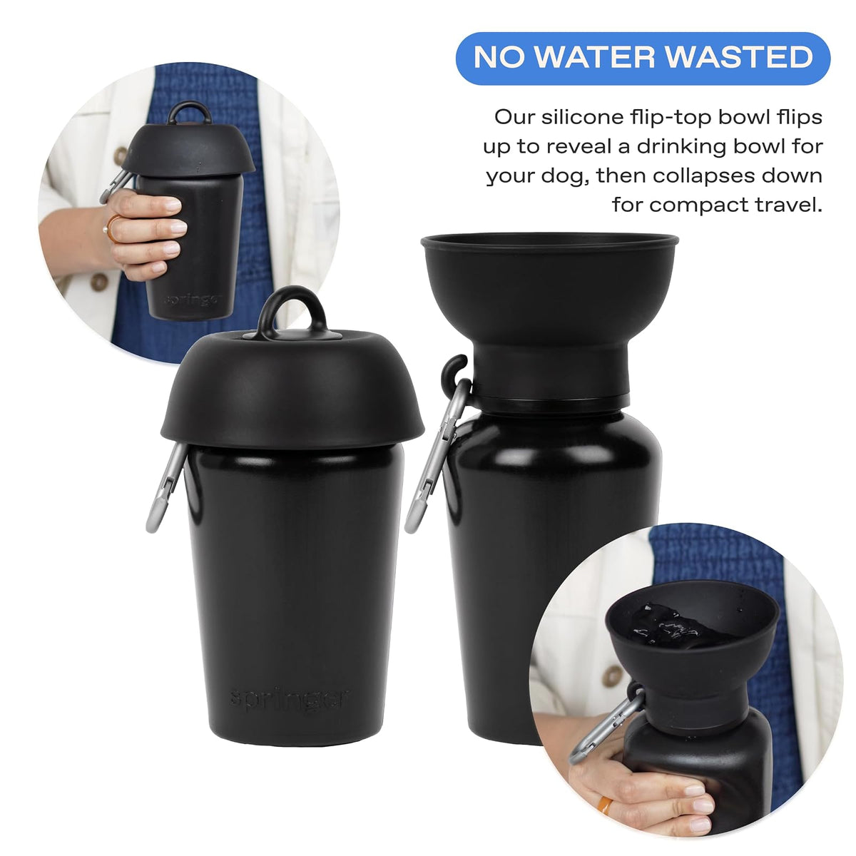Springer Flip Botella de Agua para Perros 20 oz | Tazón de silicona plegable, a prueba de fugas, grado alimentario, sin BPA, mosquetón incluido