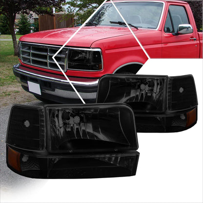 PM PERFORMOTOR - Par de Faros Delanteros de Repuesto Color Negro Ahumado Compatible con 92-96 Bronco F150 F250 F350, PMHL-F150-9296-6P-OH-BSA
