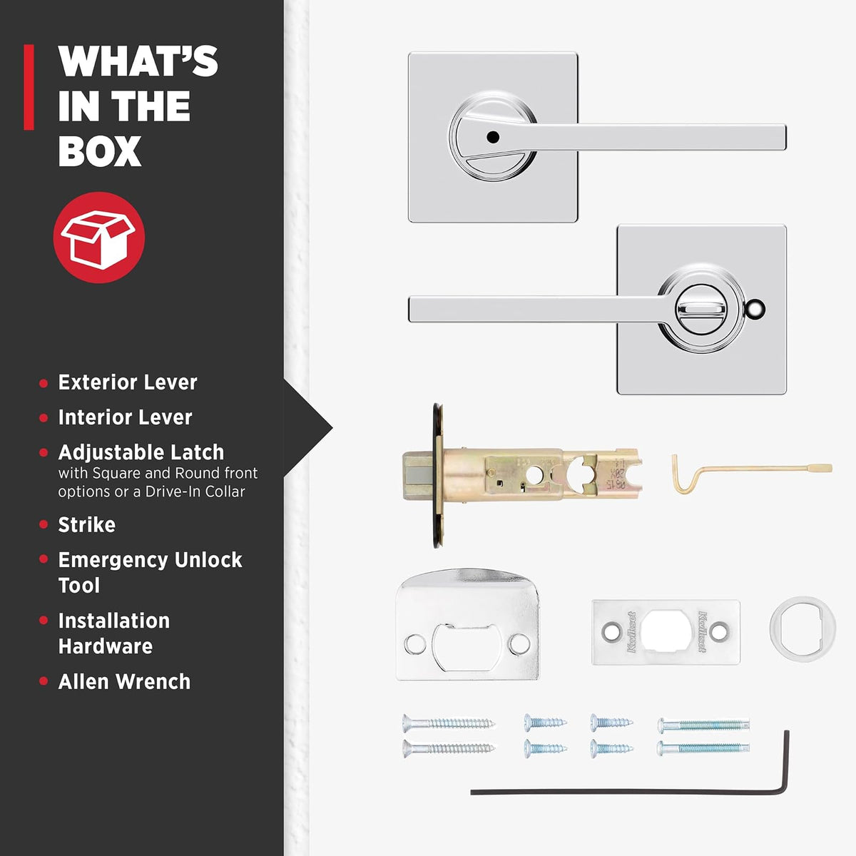 Kwikset Casey - Manija de puerta interior de privacidad con cerradura, palanca de puerta para baño y recámara, cerradura giratoria reversible de cromo pulido sin llave