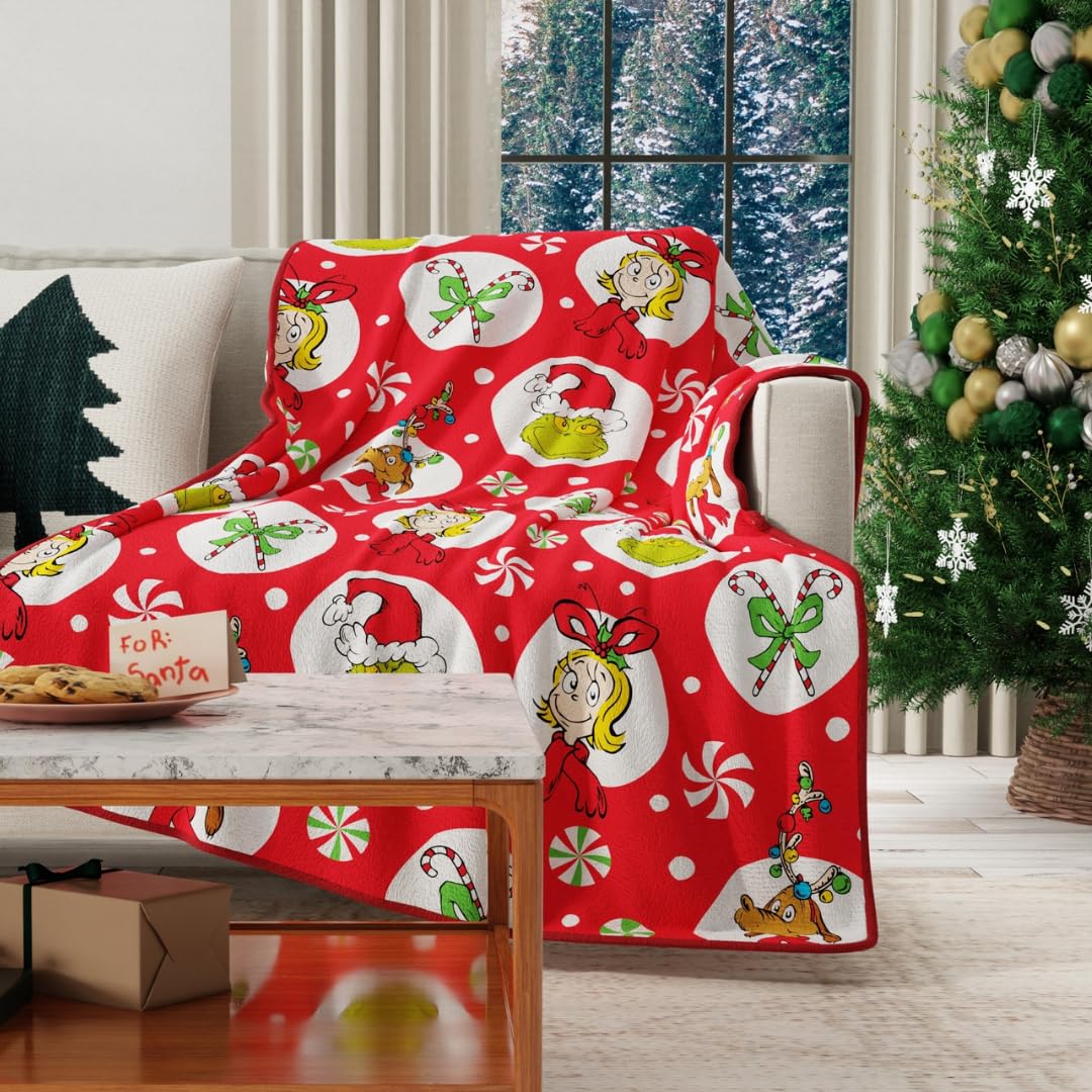 Franco Manta de Felpa Coleccionable con Personajes Licenciados - 40 in x 50 in - The Grinch - Cindy's Santa