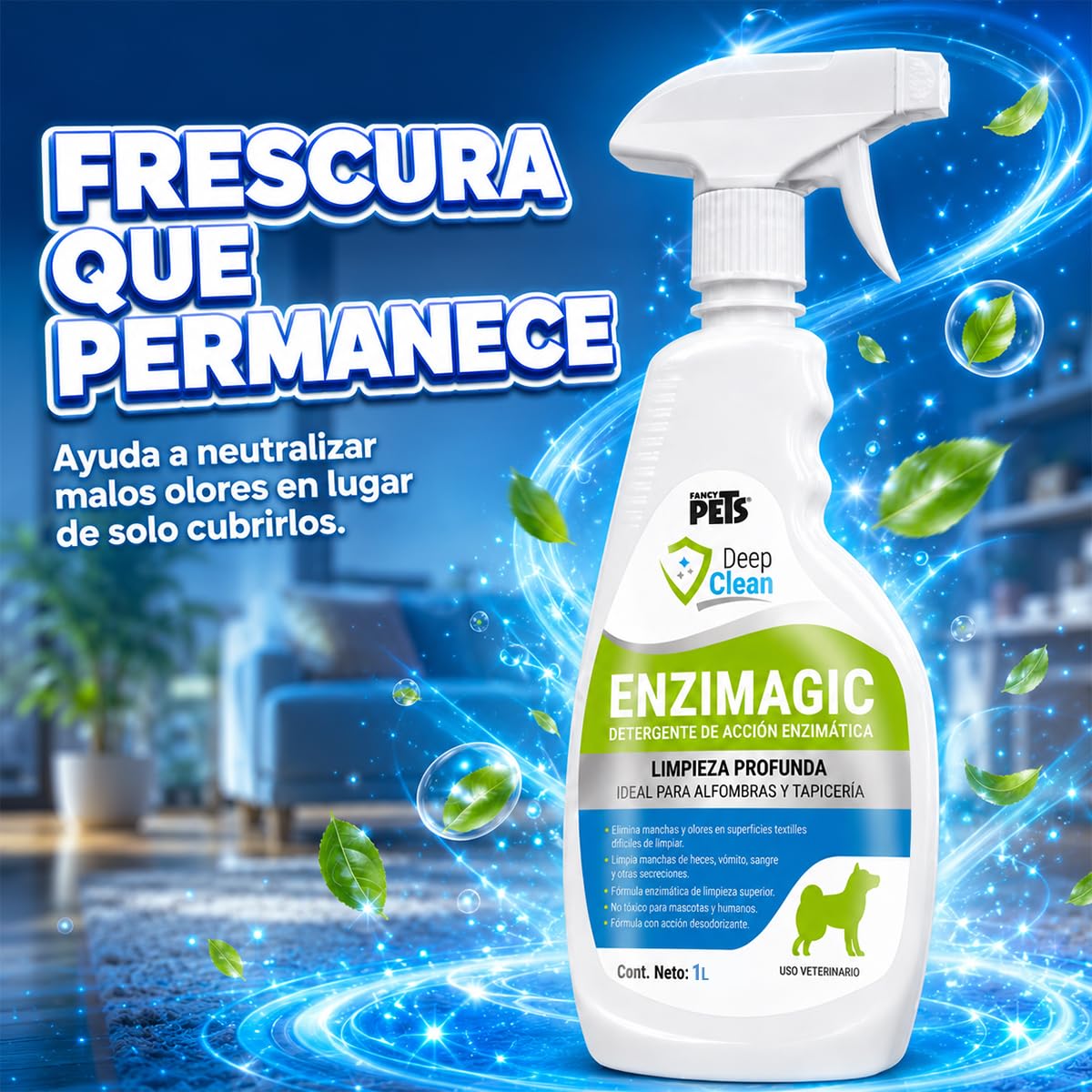 Fancy Pets Deep Clean Enzimagic Limpiador Eliminador de Manchas y Olores de Perros y/o Gatos en Alfombras, Tapicería y otras Telas con 1 Litro