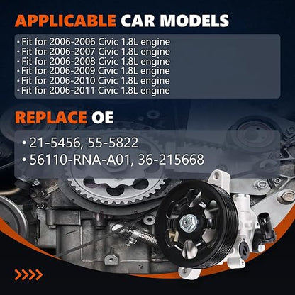 Daysyore 21-5456 - Bomba de dirección asistida para Civic 2006-2011 1.8L | Bomba de dirección asistida con polea de calidad OE, reemplaza OE 21-5456 55-5822 56110-RNA-A01 36-215668