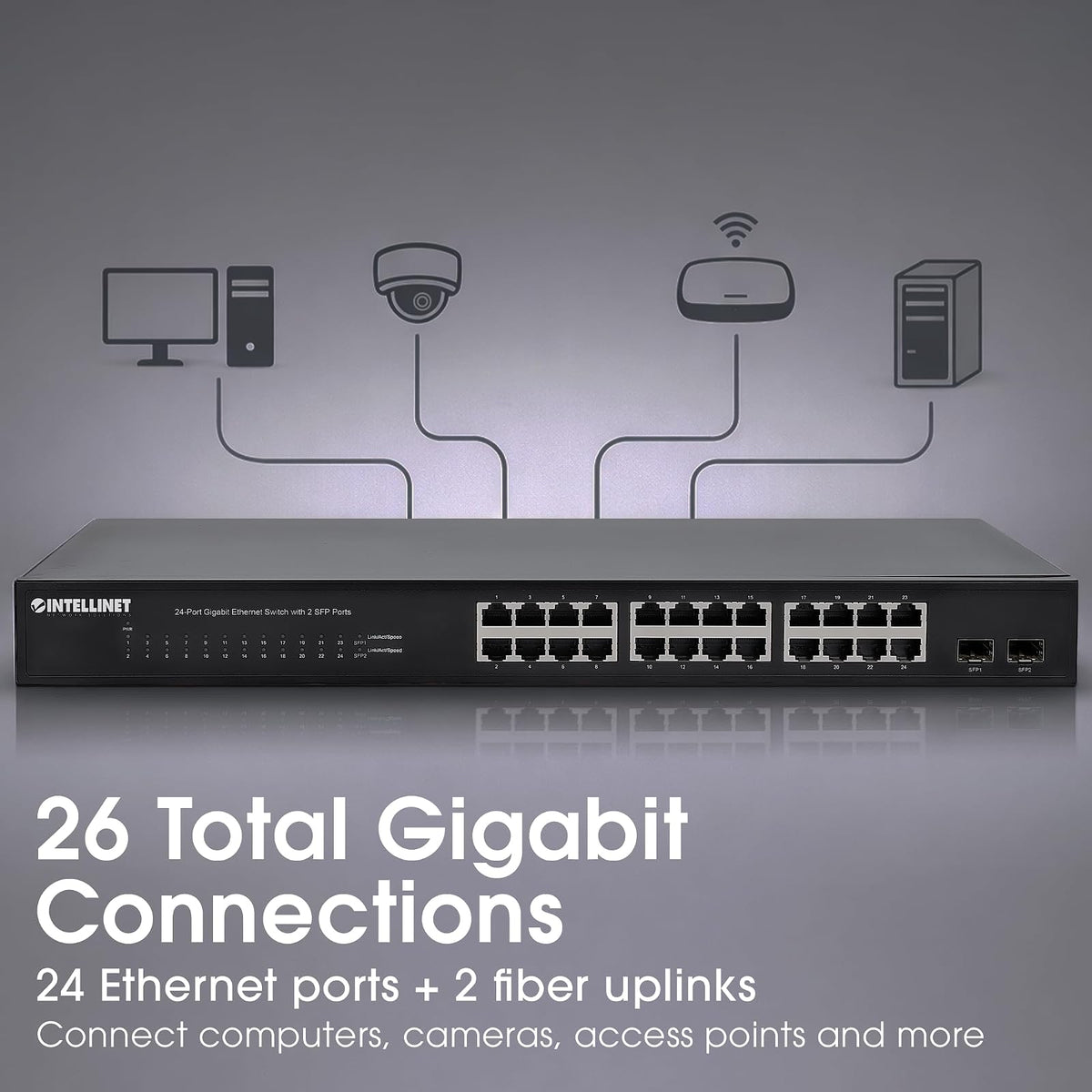 Switch Ethernet 24 Puertos Gigabit con 2 SFP, Conmutador de Red 10/100/1000 para Rack 19 Pulgadas, Network Switch para Servidor, Router, 52 Gbps Intellinet 561044