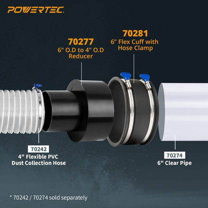 POWERTEC 70362 Reductor de recogida de polvo de 6 pulgadas OD a 4 pulgadas OD con puño flexible de control de polvo de 6 pulgadas