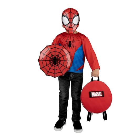 MARVEL Spider-Man PowerPak - Mochila con escudo de plástico extraíble de 12 pulgadas, discos de lanzamiento, playera de disfraz de manga larga y máscara de plástico, talla S (4-7)