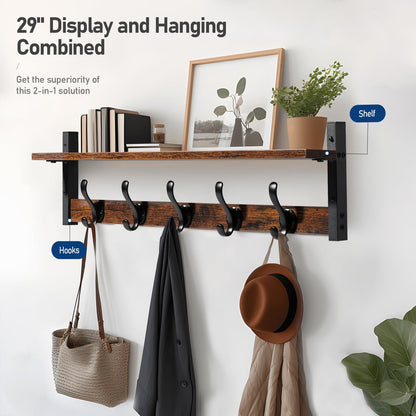 Tatub - Perchero rústico de 29 pulgadas con estante, ganchos de pared de entrada con estante, perchas para baño, sala de estar, recámara, color negro rústico