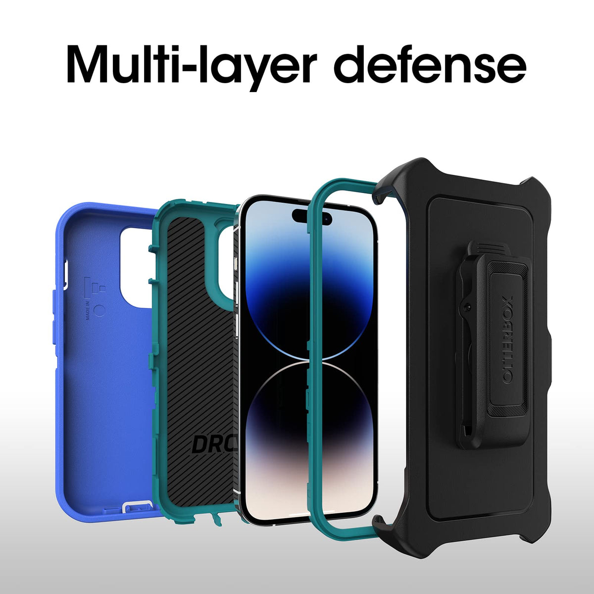 Otterbox Funda para iPhone 14 Pro (Solo) Defender Series - Rain Check (Azul), Resistente Y Duradera, con Protección De Puerto, Incluye Soporte De Clip De Funda Azul Claro