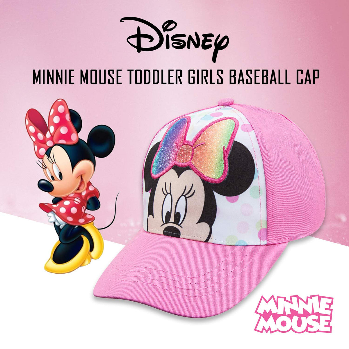 Disney Minnie Mouse - Gorra de béisbol rosa para niñas pequeñas, edades de 2 a 4 años, cierre de velcro ajustable, color rosa/blanco