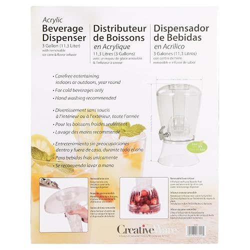 CreativeWare - Dispensador de bebidas (3 galones), No se quiebra, con infusor, Transparente, 1
