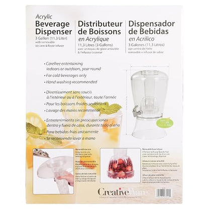 CreativeWare - Dispensador de bebidas (3 galones), No se quiebra, con infusor, Transparente, 1