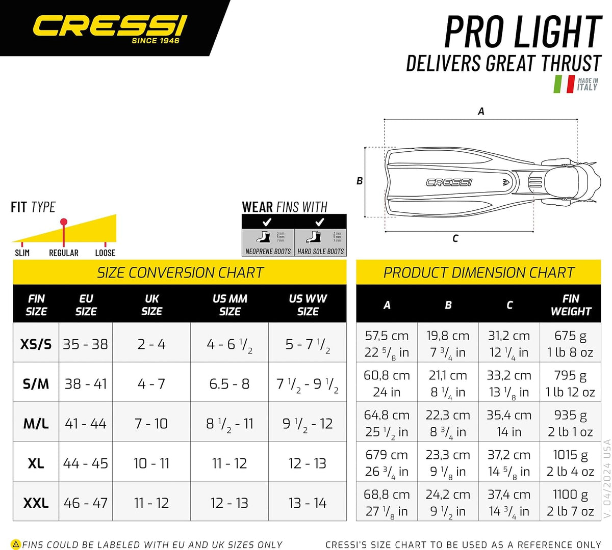 Cressi Aletas de Buceo Ligeras y equilibradas para Adultos con tacón Abierto, Pro Light: Fabricadas en Italia