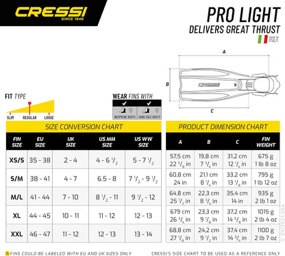 Cressi Aletas de Buceo Ligeras y equilibradas para Adultos con tacón Abierto, Pro Light: Fabricadas en Italia