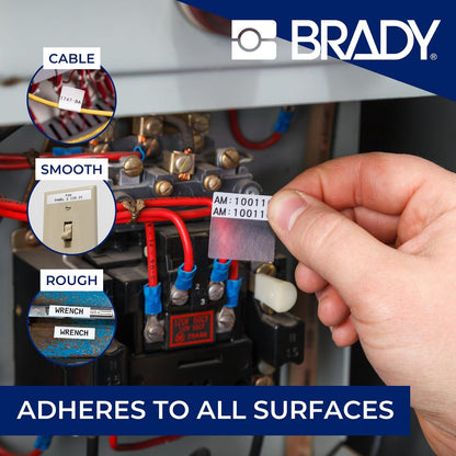 Brady Authentic (M4-49-427) Etiquetas de vinilo autolaminadas alrededor de 1 alto x 1 ancho negro sobre blanco, transparente, 260 etiquetas
