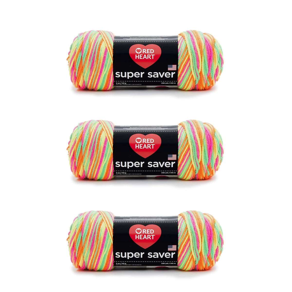 Red Heart Super Saver Estambre Acrílico, Varios Colores - Brillo diurno - Paquete de 3