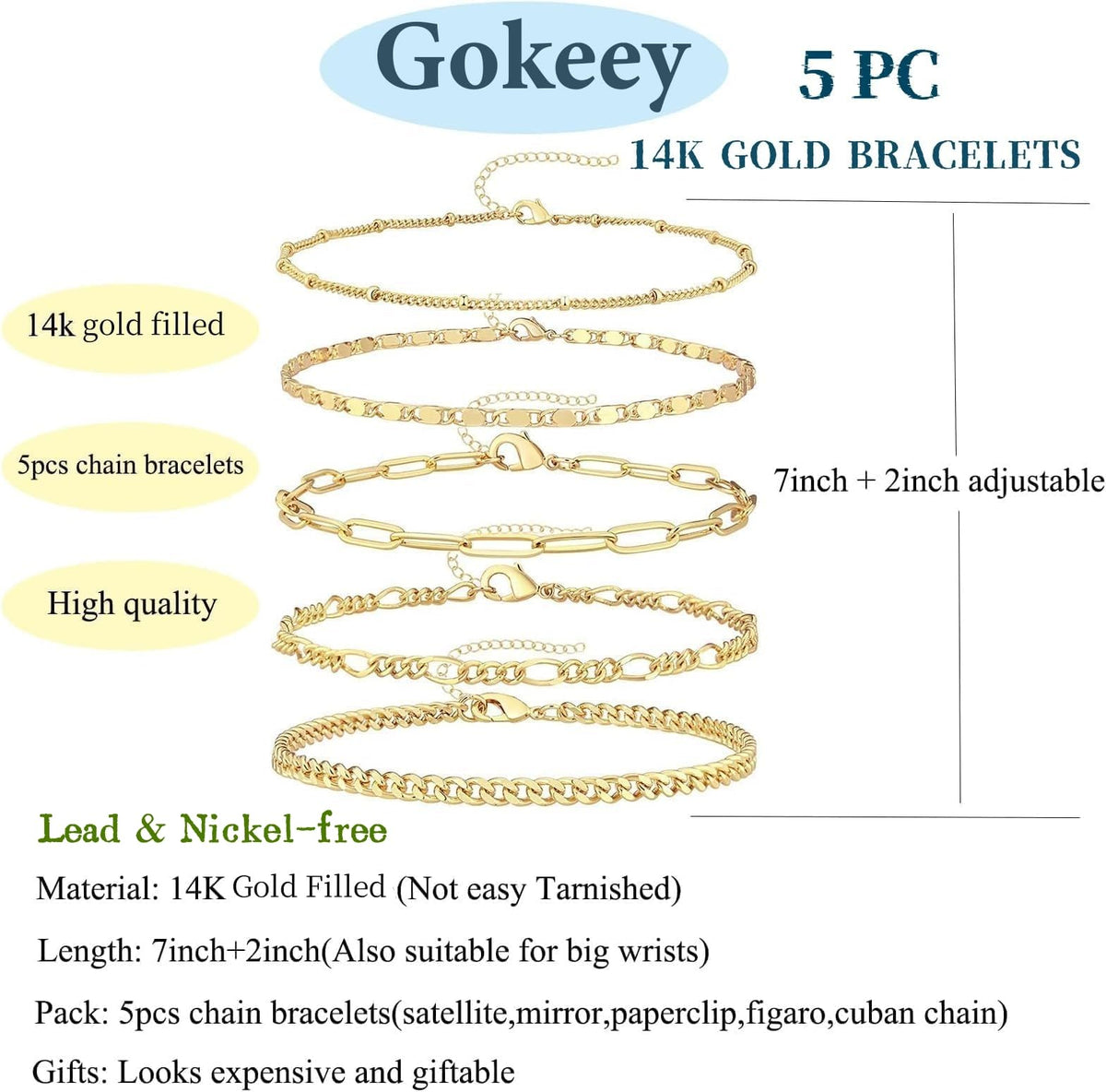 Juego de pulseras de oro Gokeey para mujer, sin decoloración, modernas, chapadas en oro de 14 quilates, delicadas, apilables, pulseras de eslabones cubanos, cadenas de eslabones de papel, pulseras de
