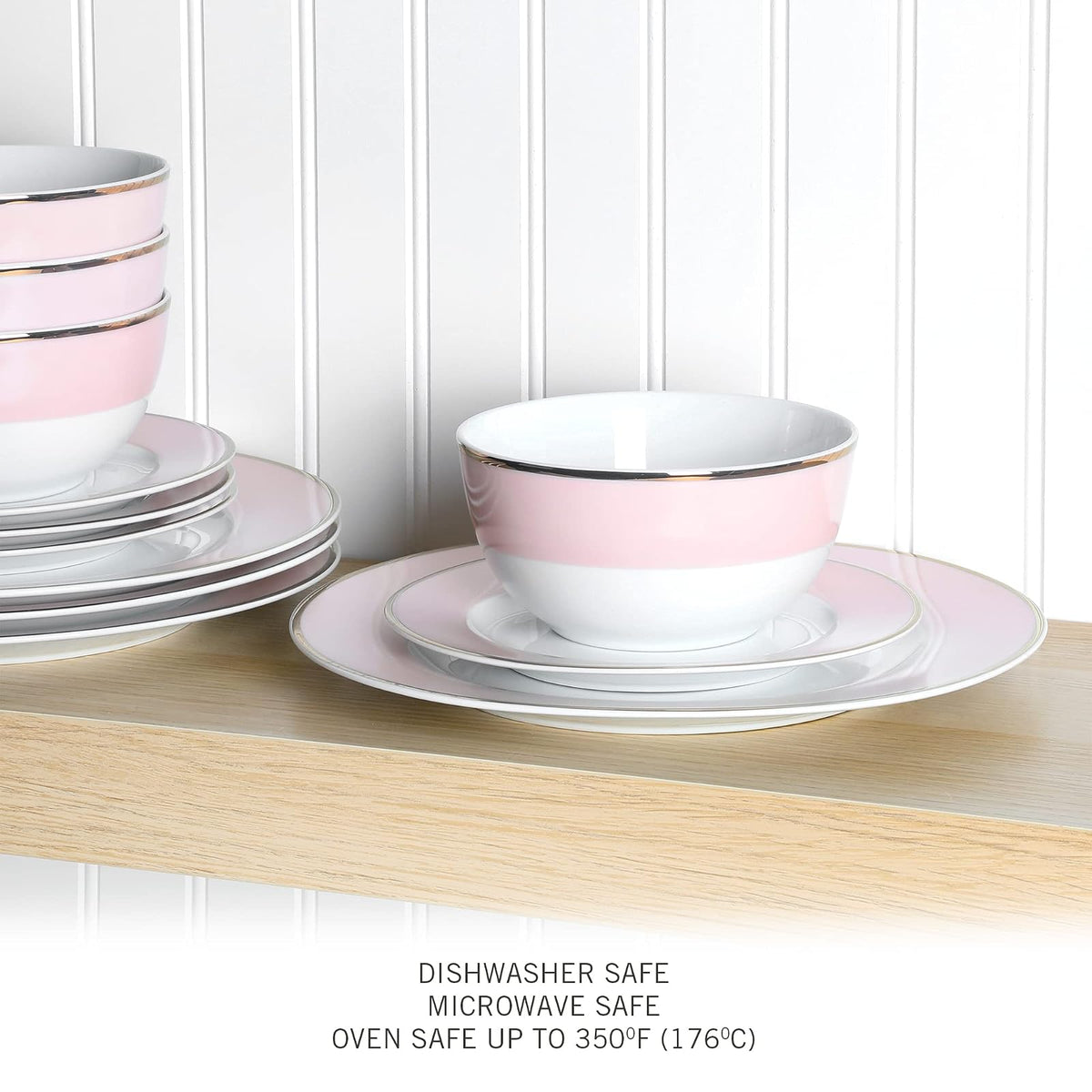 Martha Stewart Gracie Lane - Juego de vajilla de porcelana, 12 piezas, resistente a los arañazos y astillas, color rosa con borde dorado