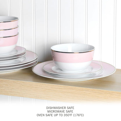 Martha Stewart Gracie Lane - Juego de vajilla de porcelana, 12 piezas, resistente a los arañazos y astillas, color rosa con borde dorado