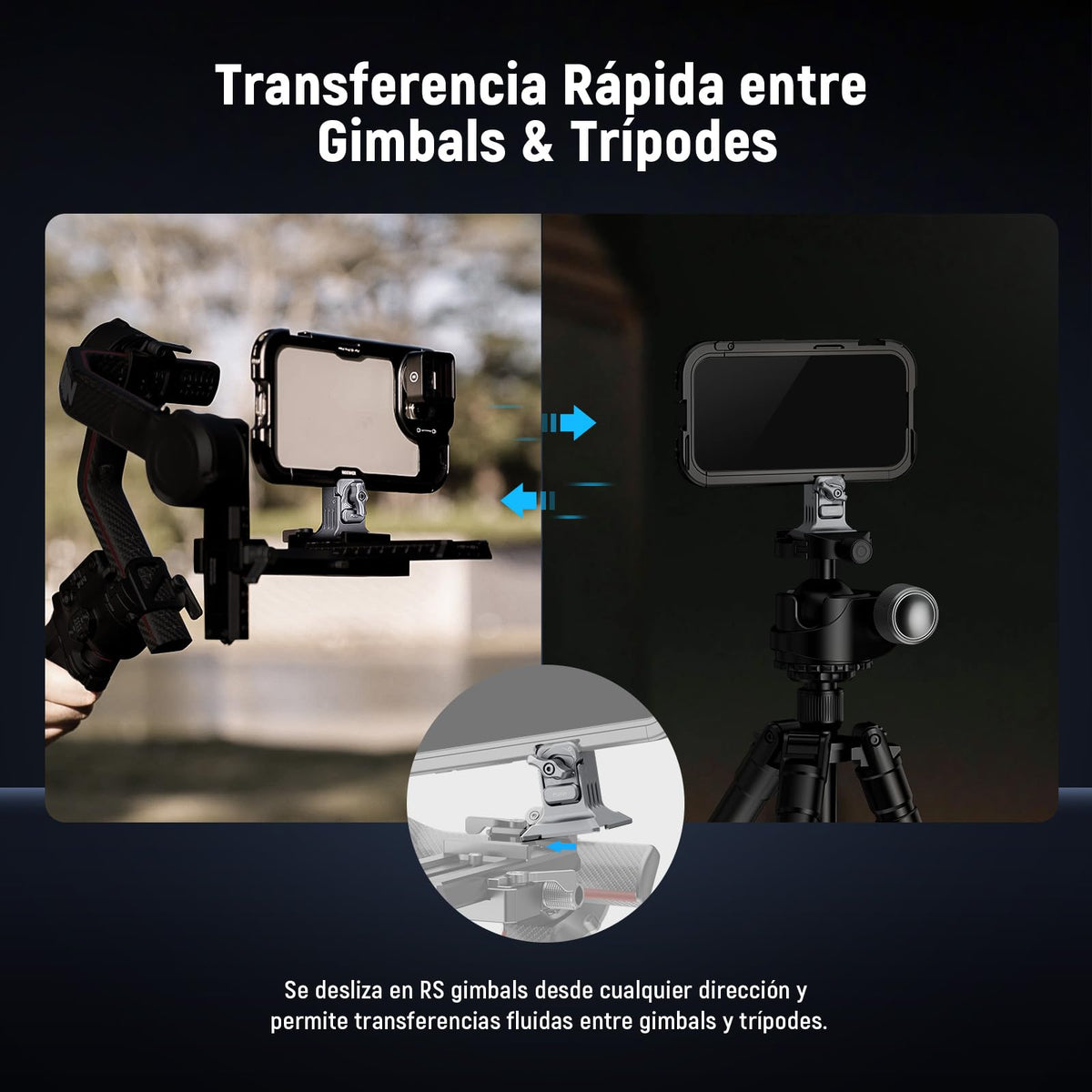 NEEWER Móvil Trípode Soporte Mount con Base Tipo Arca, Rosca 1/4", Liberación Rápida Clamp Compatible con iPhone 16 Pro MAX S25 Ultra Phone Cage dji RS4 Mini R4 Pro RS3 Pro RS2 RSC2, Plateado, PA124