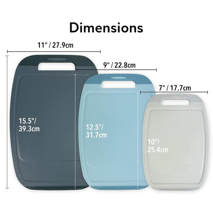 Neoflam Microban Plastic Cutting Board 3 Set for Kitchen, BPA Free, Large Food Chopping Boards, Reversable Use, Large Juice Grooves, Easy Grip Handles, Dishwasher Safe, Chop Meat, Veggies, Blue Gray