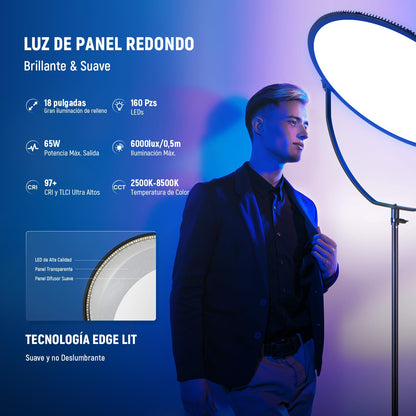 NEEWER 18" RGB LED Redondo Panel Luz Vídeo con Control App, 65W 6000Lux/0.5m 2500K-8500K RGBCW Iluminación Estudio Fotografía /18 Escenas/V Batería Alimentada para Exterior Grabación Streaming, GR18C